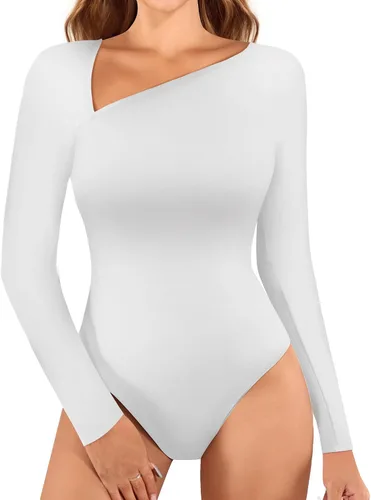 Vista 2 de MANGOPOP Women Asymmetrical Neck Long Sleeve Basic T shirt Thong Bodysuit Tops