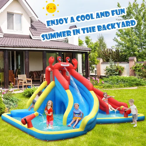 Vista 2 de BOUNTECH - Tobogán acuático inflable, parque acuático 7 en 1 para niños y adultos, diversión al aire libre con doble tobogán largo, soplador de 950