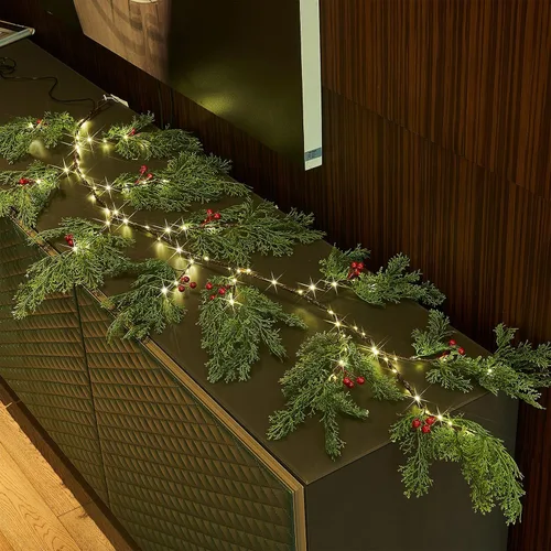 Vista 12 de Birchlitland Guirnalda de luces decorativas de 6 pies, 96 luces LED de hadas, guirnaldas de ramas de eucalipto iluminadas con temporizador, funciona