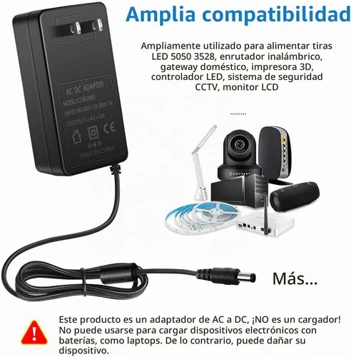 Vista 5 de SHNITPWR Adaptador de fuente de alimentación de 24 V CC 24 voltios 2A 48W AC a CC Convertidor Transformador 100 ~ 240 V Entrada de CA con punta