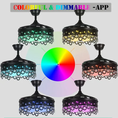 Vista 5 de Fandian Ventilador de techo retráctil con luz, moderno altavoz Bluetooth de 42 pulgadas, regulable, sintonizable, 7 colores, iluminación negra