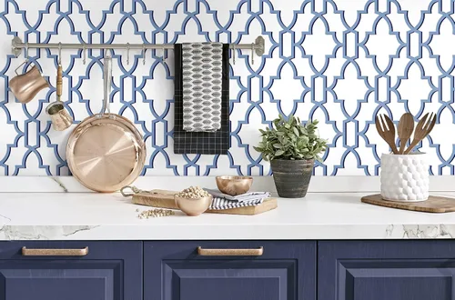 Vista 6 de Lillian August Luxe Haven Coastal Lattice - Papel tapiz autoadhesivo (Riviera Blue)