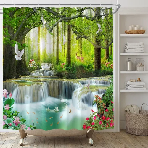 Vista 4 de Cortina de ducha con diseño de cascada, naturaleza, bosque, árbol, animales salvajes, ciervos, pájaros, flores, mariposa, amanecer, verano, paisaje