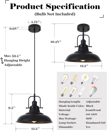 Vista 3 de Luces Colgantes Industriales Paquete de 3, Luces Colgantes Negras de 12.2 Pulgadas para Isla de Cocina, Iluminación Colgante de Metal, Luz Colgante