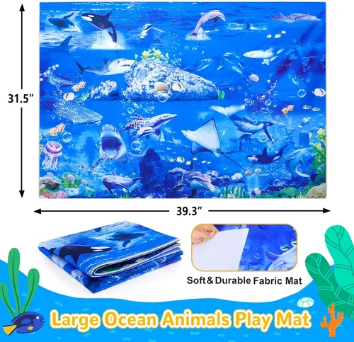 Vista 7 de GINMIC Juguetes de animales del océano para niños con alfombra de juego grande, paquete de 18 juguetes de animales marinos realistas surtidos