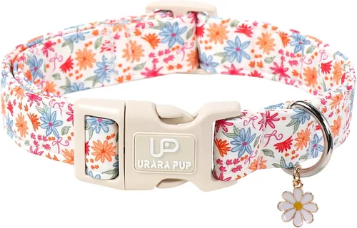 Vista 46 de Collar de perro floral azul, collar floral de algodón ajustable para primavera y verano con colgante de margarita, hebilla de liberación rápida