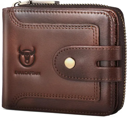Vista 106 de LUKZIJAES Billetera de cuero genuino para hombre, con bloqueo RFID, delgada, plegable, bolsillo frontal, #3-Café, Vintage