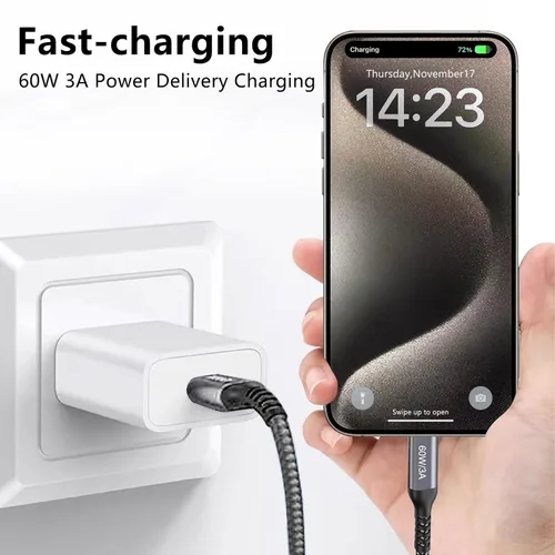 Vista 3 de Cables USB C a USB C de 60 W (paquete de 2 de 6.6 pies), cable tipo C a tipo C, cable de carga rápida compatible con iPhone 15, MacBook Pro/Air