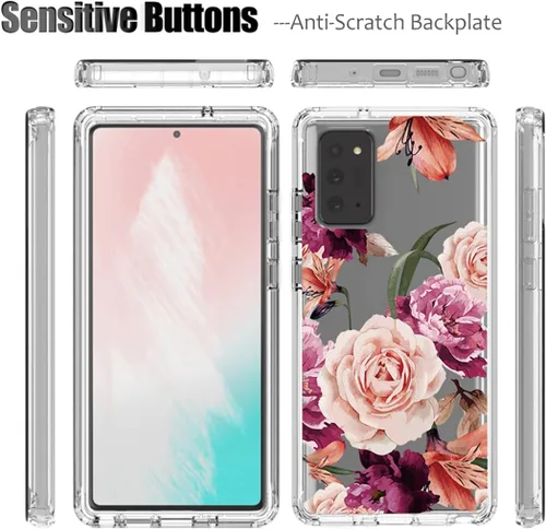 Vista 5 de Funda para Galaxy Note 20 5G, SM-N981U con protector de pantalla de vidrio templado, patrón floral transparente, funda protectora de cuerpo completo
