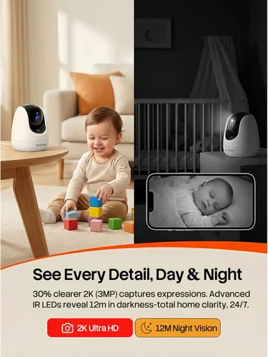 Vista 5 de Tenda CP3 Pro 2K Cámara de seguridad interior con WiFi 6 y detección AI para bebés/mascotas - Monitor de bebé, cámara para mascotas para el hogar