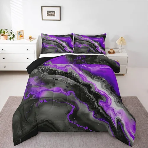 Vista 20 de Feelyou Juego de edredón abstracto para todas las estaciones, juego de ropa de cama negro y azul con 1 funda de almohada con estampado de mármol