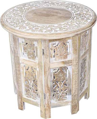 Vista 16 de Mesa auxiliar de madera de mango tallada a mano – Mesa auxiliar redonda de pedestal de 18 x 22 pulgadas para sala de estar, mesita de noche