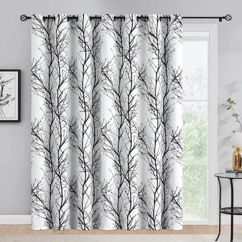 Vista 23 de FMFUNCTEX Cortinas 100% opacas para dormitorio, cortinas de ramas de árbol blanco y negro de 54 pulgadas de largo para sala de estar, cortinas