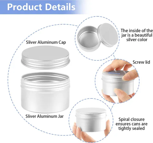 Vista 3 de Paquete de 12 latas, latas de 4 onzas con tapas, recipientes pequeños de aluminio de metal recargable, recipientes redondos para cosméticos de viaje
