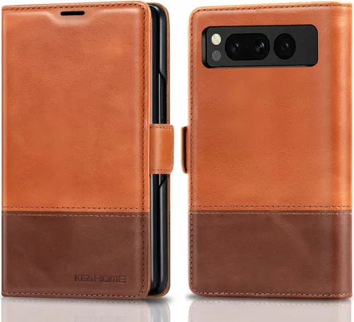 Vista 9 de KEZiHOME Funda para Google Pixel Fold, cuero genuino [bloqueo RFID] Funda tipo cartera con ranuras para tarjetas, función atril y tapa protectora