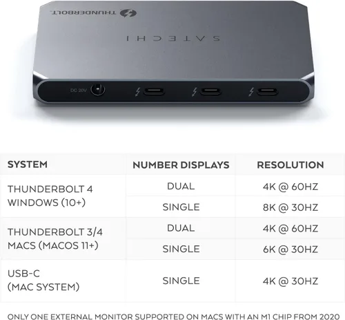 Vista 3 de Satechi Hub delgado Thunderbolt 4 5-en-1, carga USB C de 60W, pantalla única de 8K o doble de 4K, 4 puertos Thunderbolt 4, USB 3.2 Gen2, compatible