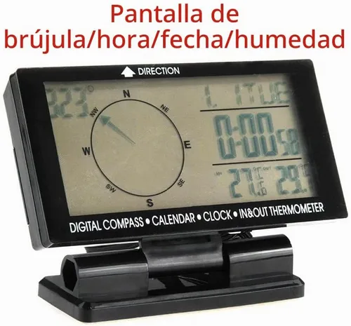 Vista 4 de Termómetro digital para coche negro con retroiluminación azul brújula reloj con LCD grande 3.9 pulgadas