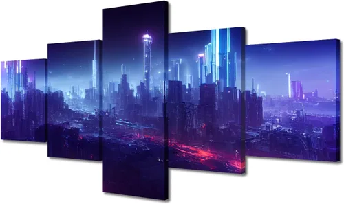 Vista 178 de Cuadros de 5 paneles de Cyberpunk City, arte de pared, representación de vallas publicitarias, edificios modernos en la capital con obras de arte