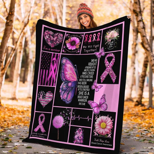 Vista 5 de Manta de Concientización sobre el Cáncer de Mama con Cinta Rosa de Quimioterapia, Manta de Franela de Felpa Suave, Decoración Inspiradora