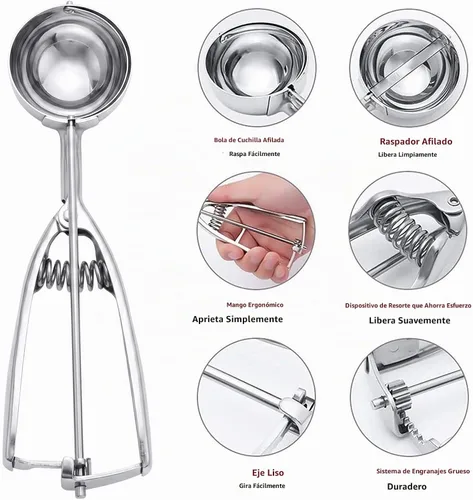 Vista 6 de Cuchara para helado, juego de 3 cucharas para galletas, cuchara de helado de acero inoxidable con liberación de gatillo, cuchara de galletas