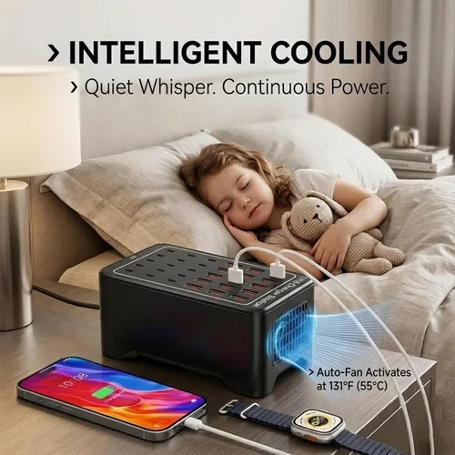 Vista 5 de Estación de carga USB C de 150 W, cargador rápido de múltiples dispositivos de 30 puertos (15 USB-C + 15 USB-A), cargador de escritorio, compatible