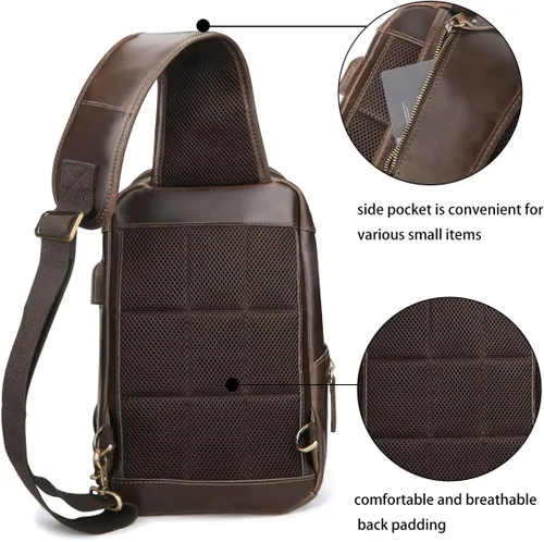 Vista 4 de Mochila retro de cuero de vaca real para hombre, mochila para iPad de 11 pulgadas, Marrón, Cabestrillo