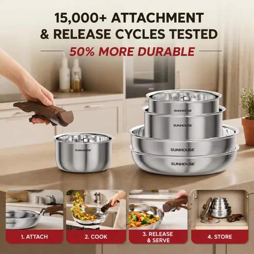 Vista 4 de SUNHOUSE 9pcs 3-Ply Clad Stainless Steel Cookware Set w/Detachable Handle