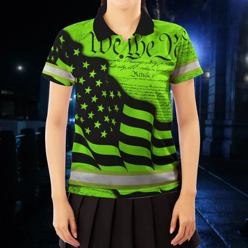 Vista 6 de Maddly Polo de alta visibilidad con diseño de calavera y bandera de Estados Unidos, ropa de trabajo patriótica con nombre personalizado