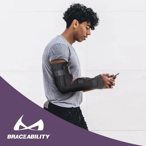 Vista 9 de BraceAbility Soporte inmovilizador de codo Férula de ortesis de antebrazo de brazo largo extraíble para antebrazo blando para suprarcondilo roto