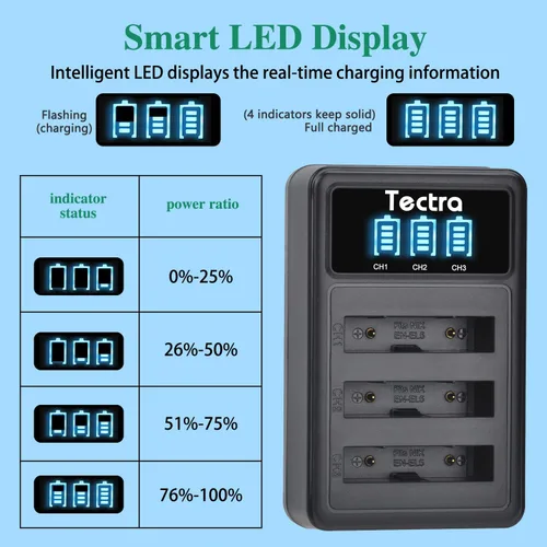 Vista 5 de Tectra 3 baterías EN-EL5 ENEL5 + cargador LED de 3 ranuras para Nikon Coolpix P530, P510, P500, P520, P3, P4, P90, P80, P100, P5000, P6000, S10