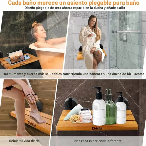 Vista 2 de Asiento de ducha plegable de teca de 20 pulgadas montado en la pared, banco de ducha plegable para espacio de ducha pequeño, taburete de madera