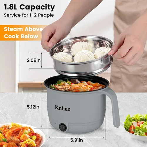 Vista 5 de Olla eléctrica caliente con vaporizador, cocina rápida de ramen, mini olla eléctrica de autocalentamiento portátil de 1.8L para cocinar fideos, Gris