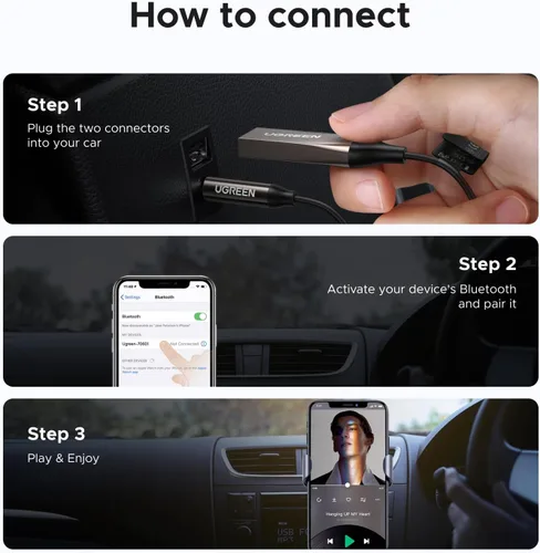 Vista 7 de UGREEN Adaptador auxiliar para automóvil Bluetooth 6.0 con LDAC, adaptador auxiliar de 0.138 in micrófono incorporado, receptor de audio Bluetooth
