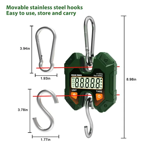 Vista 4 de GRAM PRES Báscula colgante digital de 660 libras/661.4 lbs, mini balanza de mano para caza de ciervos, báscula digital de equipaje con ganchos