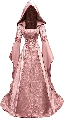 Vista 13 de BITSEACOCO Disfraz de bruja de lujo para mujer, vestido de vampiro con capucha gótico renacentista bordado vintage, vestido de cosplay Rojo vino