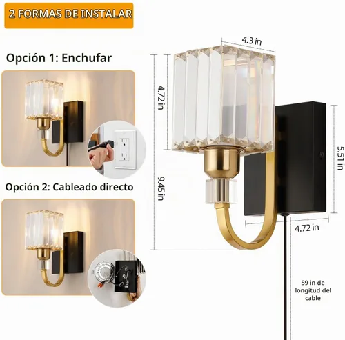 Vista 4 de Aplique de pared moderno de cristal con enchufe, lámpara de pared montada en negro dorado, lámpara de tocador enchufable con interruptor