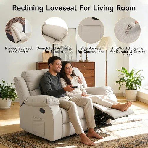 Vista 6 de Sofá reclinable de dos plazas de cuero, sofá reclinable de 2 plazas para sala de estar, sofá para cine en casa (Sofá de dos plazas, Beige)