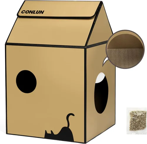 Vista 9 de Conlun Casa de cartón para gatos con almohadilla para rascar y hierba gatera, casa rascador para juegos de gatos para muebles de interior, rascador