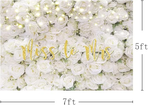 Vista 3 de MEHOFOND Telón de fondo de Miss to Mrs de 7 x 5 pies para despedida de soltera, decoración de pared floral blanca, boda, novia, compromiso