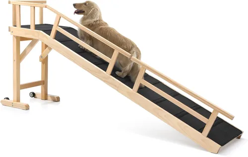 Vista 13 de Rampa para perros para cama o sofá, rampa de madera para mascotas con pendiente suave de 20°, rieles laterales extraíbles, superficie