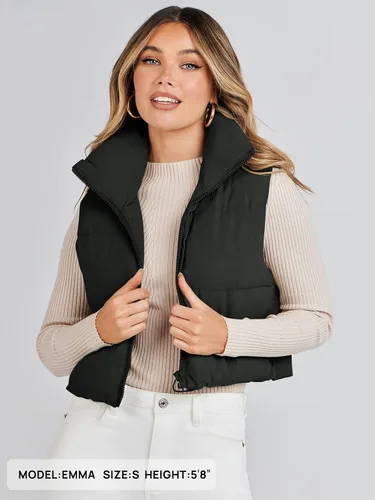 Vista 4 de MEROKEETY Chaleco acolchado para mujer, ligero, cuello alto, sin mangas, con cremallera, acolchado