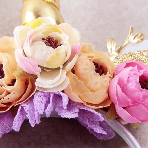 Vista 5 de Nishine Diadema de cuerno de unicornio con purpurina para niñas, diadema de camelia pony, banda para el pelo de flores, tiara para fiesta, regalo
