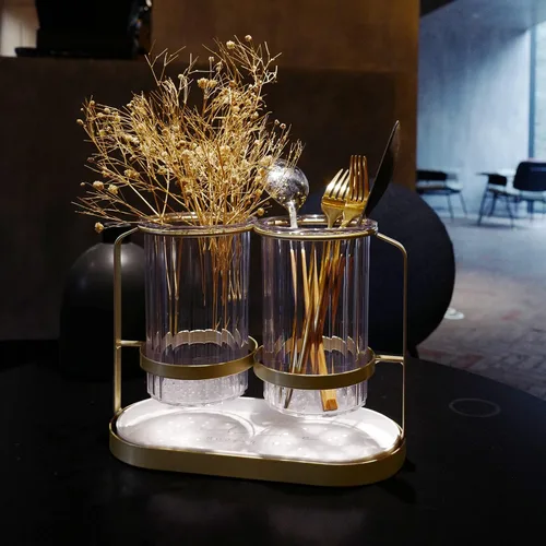Vista 3 de Soporte dorado para utensilios de cocina y cubiertos para fiesta, cubiertos, cuchara, tenedor, organizador de encimera para cocina, restaurante