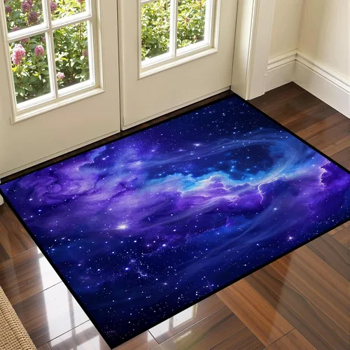 Vista 8 de Alfombra galaxia de 2 x 3 pies para habitación de niños, alfombra de cielo estrellado de pelo bajo, antideslizante, lavable, alfombra nebulosa