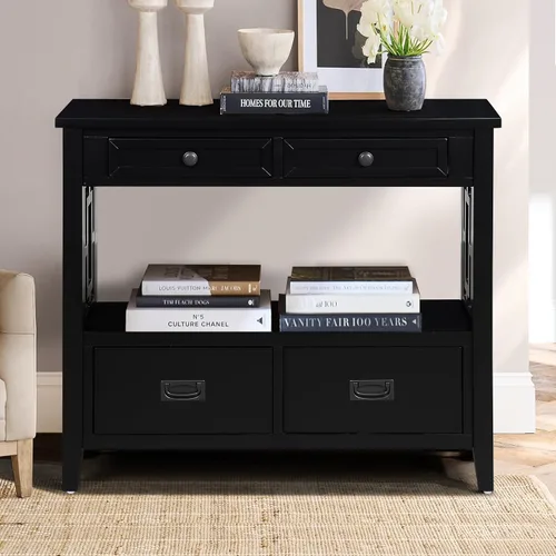 Vista 35 de JIVOIT Mesa consola rústica y elegante, mesa de consola rectangular de madera con cajones de almacenamiento y estante inferior para entrada Blanco