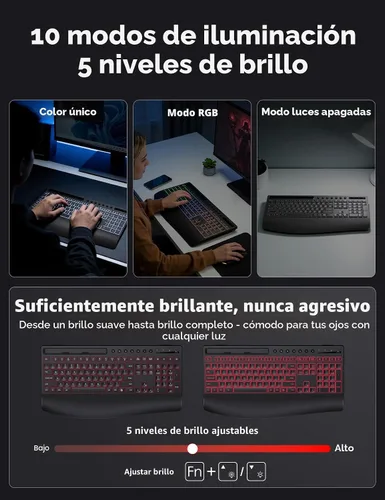 Vista 4 de Trueque Combo de teclado y mouse inalámbricos, teclado retroiluminado recargable de 4000 mAh con reposamuñecas y soporte para teléfono, escritura
