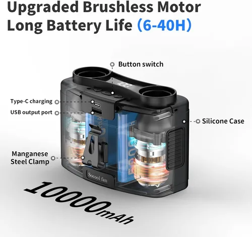 Vista 4 de Socool - Ventilador de cintura portátil de 10000 mAh con clip en el cinturón portátil, ventiladores personales funciona con batería, enfriamiento