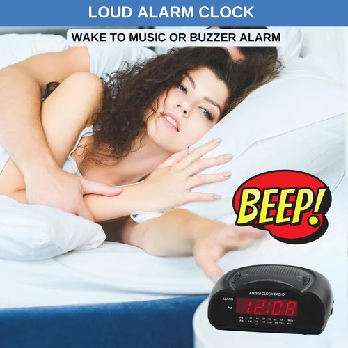 Vista 3 de Reloj despertador digital Radio reloj AM/FM con pantalla LED roja, alarma fuerte para personas que duermen mucho Reloj de escritorio o de noche