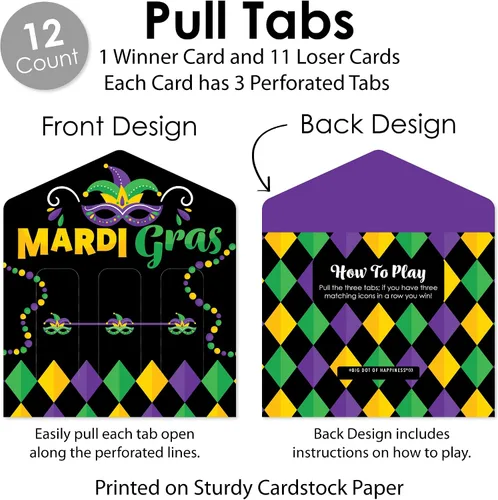 Vista 4 de Big Dot of Happiness Máscara colorida de Mardi Gras – Juego de tarjetas de pepinillo para fiesta de máscaras, pestañas de tracción 3 en una fila