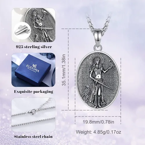Vista 124 de EUDORA Collar de plata de ley 925 con moneda Hécate, Athena, Perséfono, Nyx, diosa de la luna triple, diosa celta, rueda de Hécate, llave, regalo